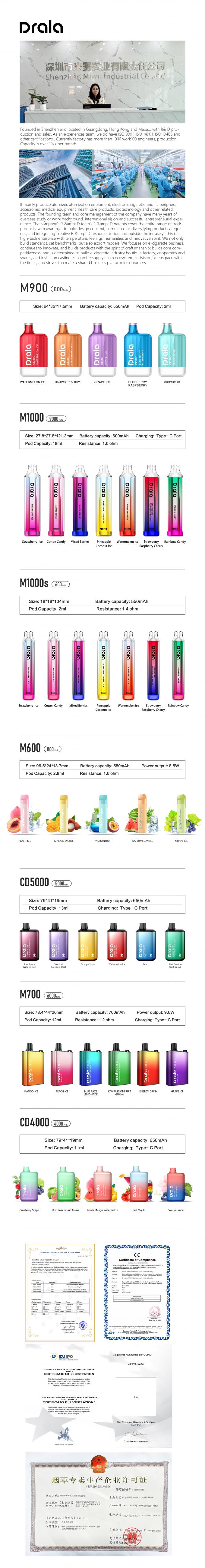 Drala Vape 5000 сопит перезаряжаемые стручок Vape 4